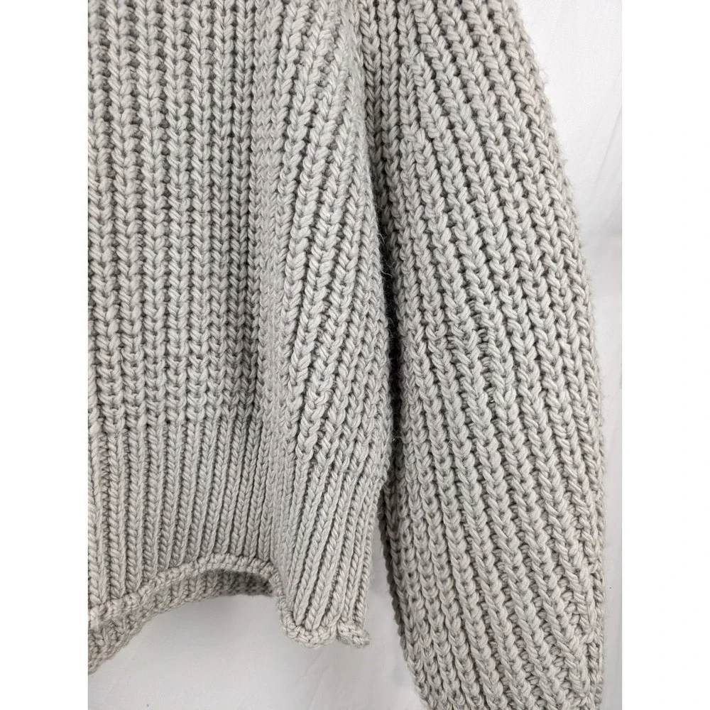 Ribbed Chunky Knit Wool Mock Neck Sweater Gray Size L Pullover Fisherman Relaxed